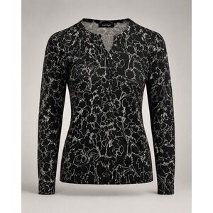 Lord Taylor Womens Cardigan Sweater Cotton Black White Floral Button Casual